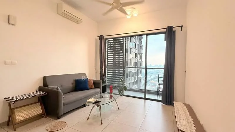 Living features: 3-seater fabric sofa in grey, glass coffee table, floor-to-ceiling windows, sliding glass door, curtains, wall-mounted split AC, light-colored walls, tile flooring, ceiling fan with light, decorative throw pillow, decorative wall art, wooden bench, area rug; style: modern; view: city.