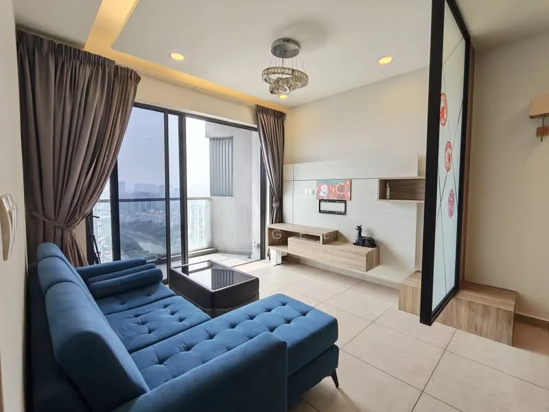Living features: blue fabric sectional sofa, glass coffee table, wall-mounted TV, wooden TV console, large floor-to-ceiling windows, curtains in dark grey, recessed ceiling lights, decorative wall with artwork, tile flooring, open layout, city view; style: modern; view: city.