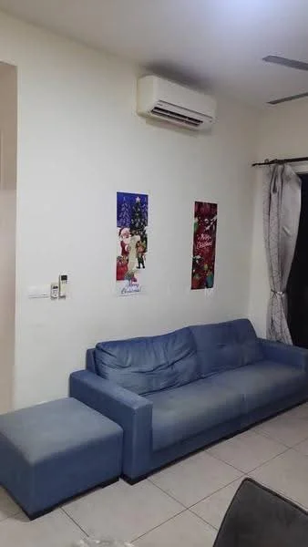 Living features: blue fabric sofa, attached ottoman, wall-mounted split AC, cream painted walls, tile flooring, curtains, decorative wall posters; style: modern.