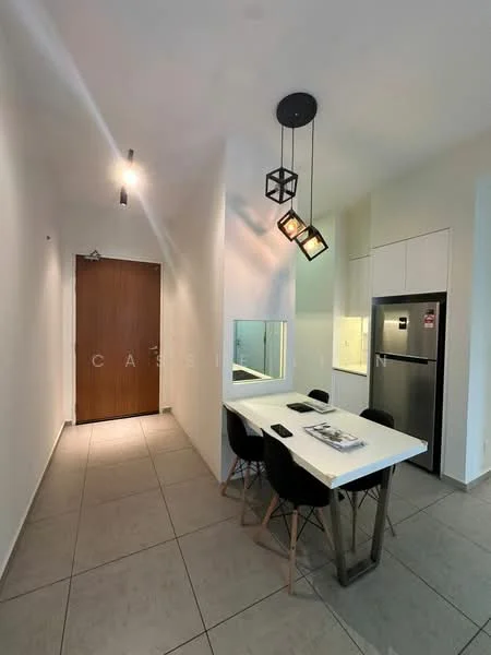 Dining features: rectangular dining table, 4 black dining chairs, pendant light fixture with geometric design, white walls, grey tiled flooring, refrigerator, wall-mounted mirror, door leading to hallway; style: modern. Room features: white walls, grey tiled flooring, doorway leading to other areas.