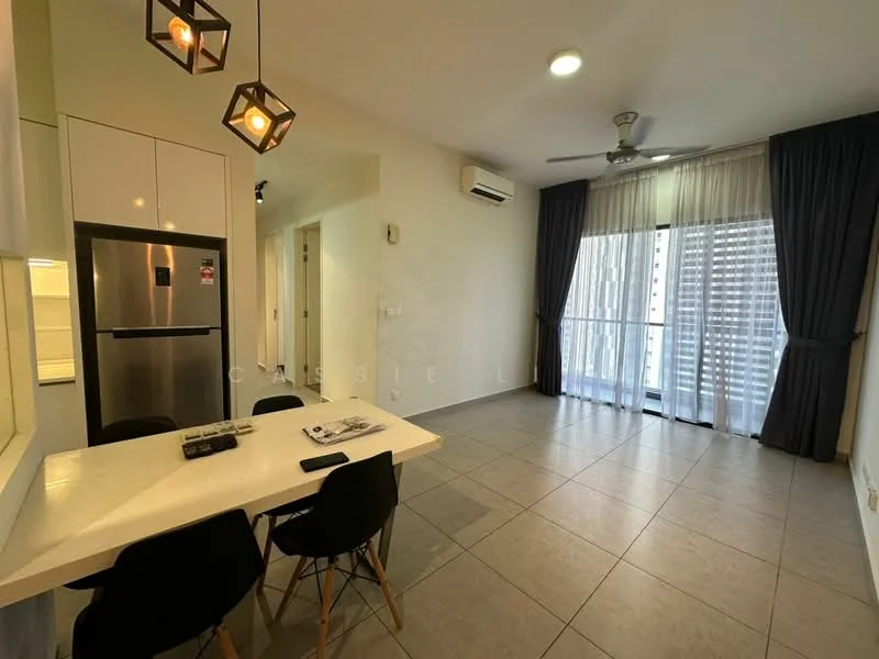 Living features: grey tiled flooring, white painted walls, ceiling fan, 5-blade ceiling fan with light, floor-to-ceiling windows, sheer curtains, sliding glass door, dining table with 4 black chairs, stainless-steel fridge, recessed downlights, wall-mounted split AC; style: modern; view: city.