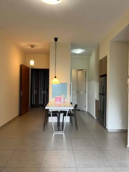 Dining features: white dining table, black dining chairs, pendant light fixture, grey tiled flooring, white walls, open layout, refrigerator, doorway to hallway, doorway to kitchen, wall-mounted light, ceiling light, blue accent wall; style: modern.