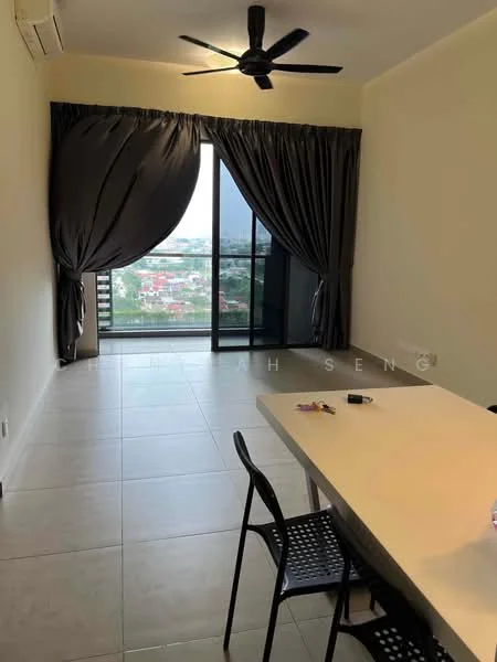 Living features: floor-to-ceiling windows, blackout curtains, 5-blade ceiling fan, dining table, black dining chairs, grey tiled flooring, light-colored walls, balcony access, city view; style: modern; view: city.