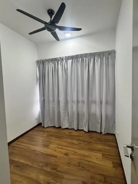 Room features: wooden flooring, white painted walls, 5-blade ceiling fan with light, floor-to-ceiling window, grey curtains.