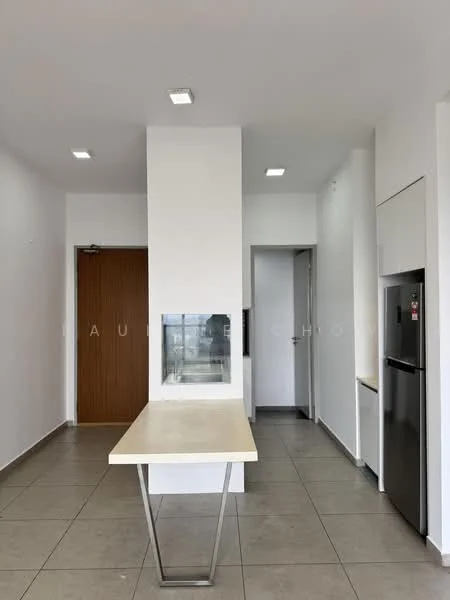 Kitchen features: white painted walls, tile flooring, recessed downlights, built-in cabinetry, stainless-steel fridge, countertop with overhang, open layout, door leading to hallway, window with view, neutral color scheme; style: modern; view: city.