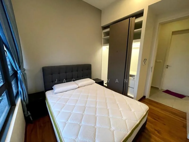 Bedroom features: queen-size bed with upholstered headboard, wooden flooring, grey painted walls, floor-to-ceiling window, blackout curtains, built-in wardrobe with sliding doors, nightstand, light switch, door to hallway; style: modern.