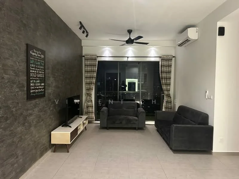 Living features: grey fabric 3-seater sofa, grey fabric 2-seater sofa, white TV console, wall-mounted TV, ceiling fan with light, floor-to-ceiling windows, curtains with plaid pattern, grey accent wall, light-colored tile flooring, air conditioning unit; style: modern; view: city.