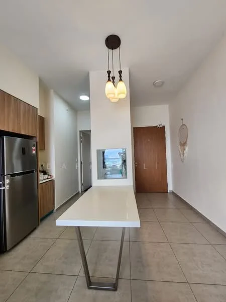 Kitchen features: stainless-steel fridge, white countertop, wood cabinetry, pendant lighting with three bulbs, tile flooring, wall-mounted cabinet, open layout, window with view, door leading to hallway; style: modern.