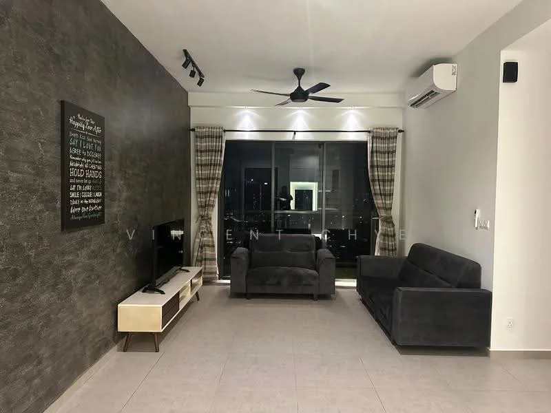 Living features: grey accent wall, light grey tiled flooring, 5-blade ceiling fan with light, floor-to-ceiling windows, sheer curtains, two grey fabric sofas, white TV console, wall-mounted TV, decorative wall art, recessed downlights; style: modern; view: city.