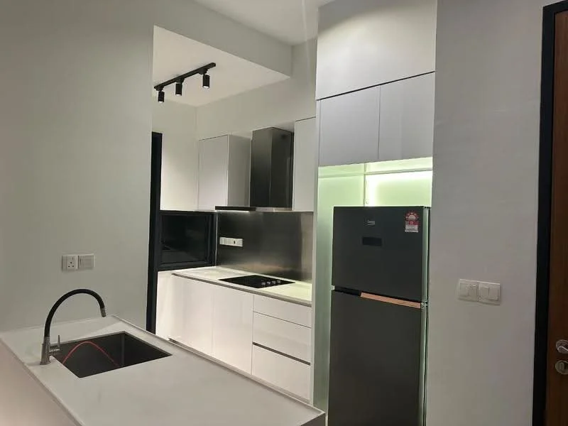 Kitchen features: white cabinetry, stainless-steel fridge, built-in oven, 4-burner gas hob, single-bowl stainless-steel sink, chrome pull-down faucet, white countertop, black backsplash, recessed LED downlights, open shelving, wall-mounted cabinets; style: modern.