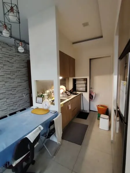 Kitchen features: light wood cabinetry, black countertop, stainless-steel sink, chrome pull-down faucet, built-in oven, freestanding range oven, refrigerator, pendant lighting, tile backsplash, grey tile flooring, dining table with blue tablecloth, chairs, wall-mounted shelves, decorative items on shelves; style: modern.