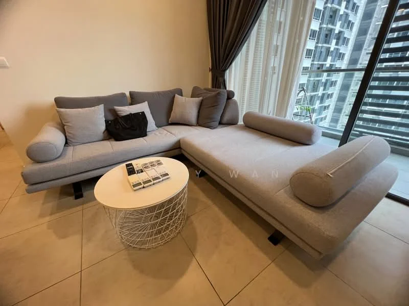 Living features: L-shape sectional sofa in grey, decorative cushions, round coffee table with wireframe design, floor-to-ceiling windows, curtains in dark grey, tile flooring in beige, wall with neutral painted finish, visible remote controls on coffee table; style: modern; view: city.