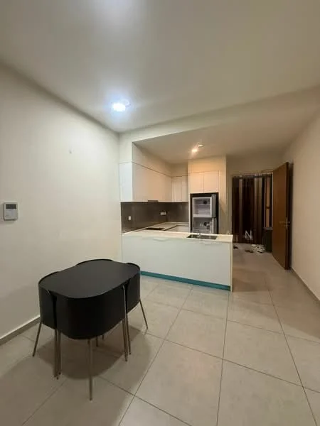 Kitchen features: white cabinetry, grey backsplash, stainless-steel refrigerator, built-in oven, ceramic tile flooring, recessed downlights, kitchen island, black dining table, 4 black chairs, open layout, wall-mounted thermostat; style: modern.