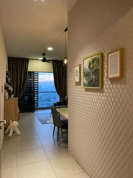 Room features: cream painted walls, textured accent wall, tile flooring, 5-blade ceiling fan with light, recessed downlights, dining table with chairs, decorative wall art, curtains, area rug; style: modern; view: city.