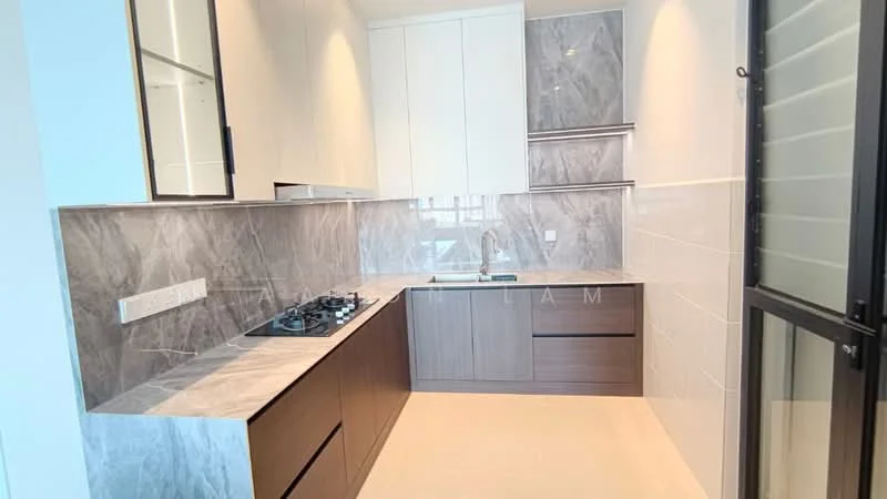 Kitchen features: white cabinetry, grey marble backsplash, grey marble countertop, built-in oven, gas cooktop with 5 burners, stainless-steel sink, chrome pull-down faucet, under-cabinet lighting, sliding glass door, floor-to-ceiling windows, light-colored flooring, open shelving, drawer storage; style: modern.