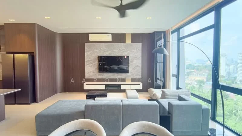 Living features: L-shape sectional sofa in grey, floor-to-ceiling windows, wall-mounted TV, marble feature wall, wood paneling, recessed downlights, ceiling fan, black floor lamp, light-colored flooring, open layout, decorative console below TV, view of city skyline; style: modern; view: city.