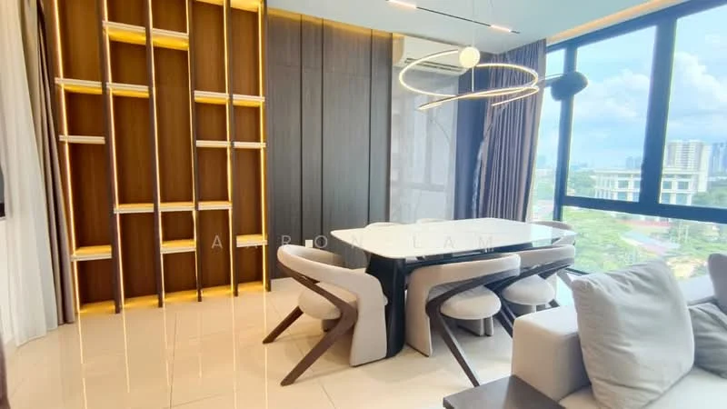 Dining features: 6-seater dining table, upholstered dining chairs, wooden dining table legs, wall-mounted shelving unit, wood paneling, large windows with city view, recessed lighting, pendant light fixture, cream-colored curtains, polished tile flooring; style: modern; view: city.