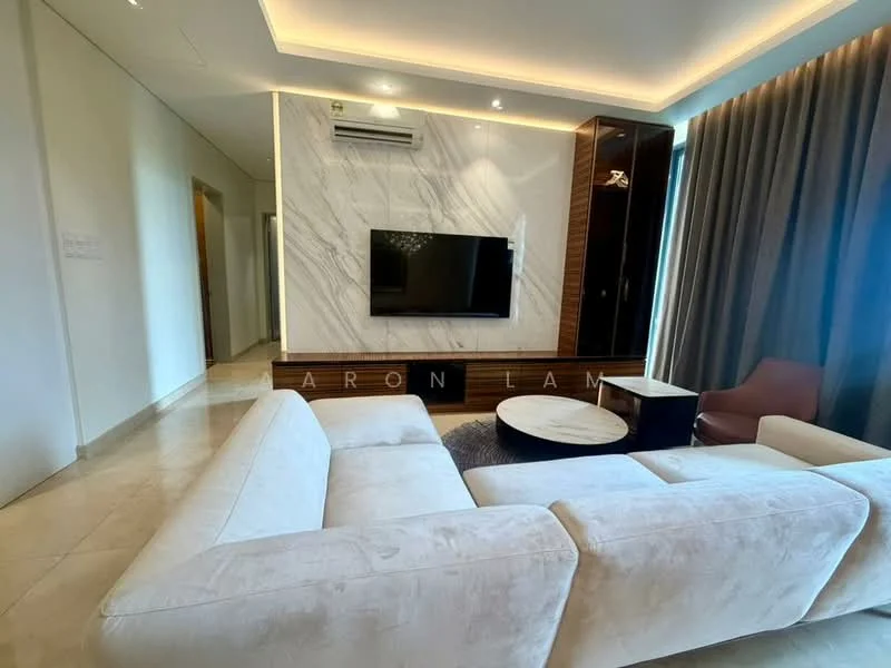 Living features: cream fabric sectional sofa, marble feature wall, wall-mounted flat-screen TV, dark wood cabinetry, recessed ceiling lights, floor-to-ceiling windows, sheer curtains, light-colored stone flooring, round coffee table, air conditioning unit; style: modern.