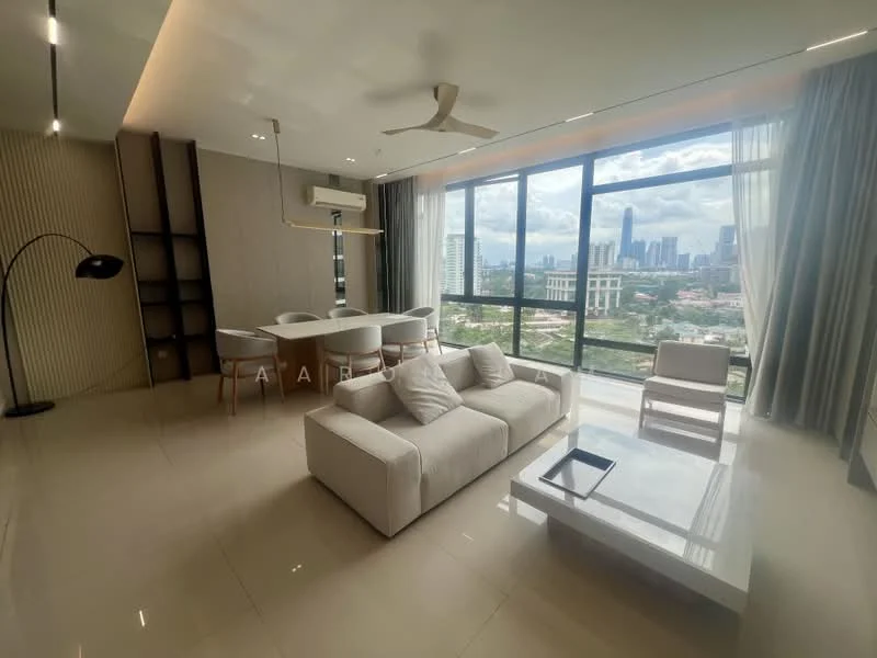 Living features: 3-seater fabric sofa in white, coffee table with glass top, floor-to-ceiling windows, city skyline view, 5-blade ceiling fan with light, recessed LED downlights, dining table for 4, wooden dining chairs, built-in shelving unit, cream painted walls, glossy tile flooring; style: modern; view: city.