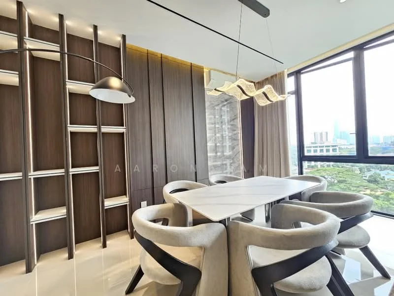 Dining features: 6-seater dining table, upholstered dining chairs, wood paneling on walls, floor-to-ceiling windows, city view, modern chandelier, suspended light fixture, polished tile flooring; style: modern; view: city.