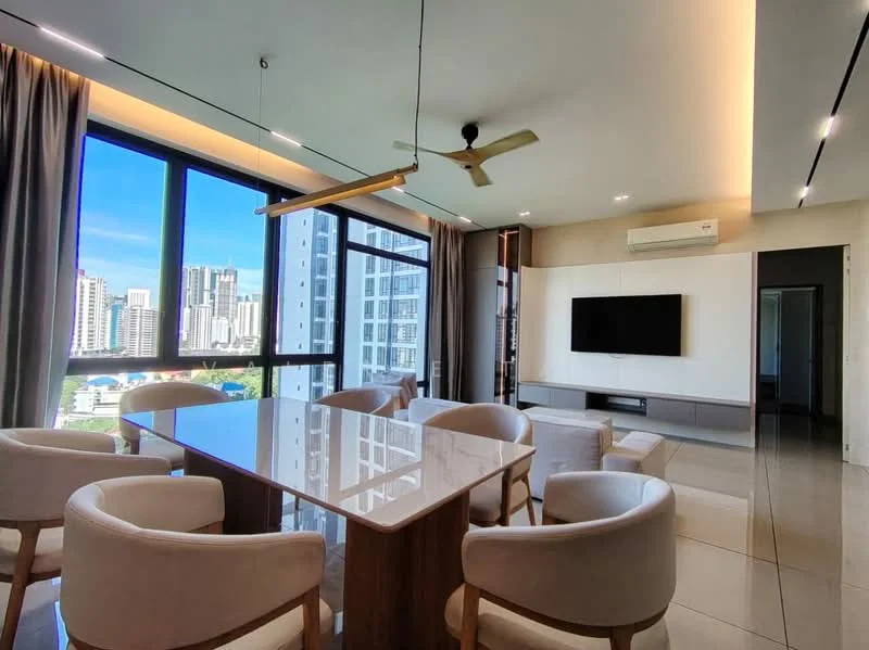 Dining features: rectangular dining table with marble top, 4 upholstered dining chairs in light fabric, 5-blade ceiling fan with light, floor-to-ceiling windows, curtains in light fabric, wall-mounted TV, built-in cabinetry below TV, recessed LED downlights, neutral wall color, tile flooring; style: modern; view: city.
