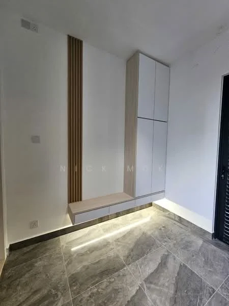 Room features: white painted walls, wood paneling, grey marble tile flooring, built-in cabinetry with white doors, floating bench with wood accents, recessed lighting, corner lighting, minimalist design; style: modern.