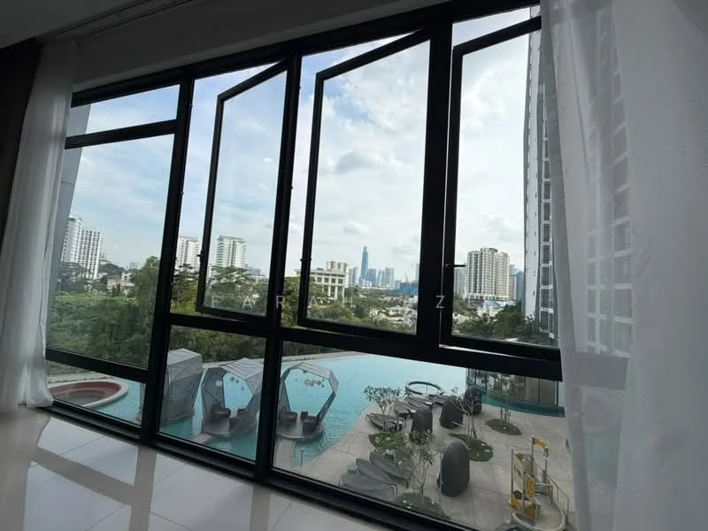 Room features: floor-to-ceiling windows, city skyline view, white sheer curtains, marble tile flooring, outdoor pool area visible, outdoor seating area visible; style: modern; view: city.
