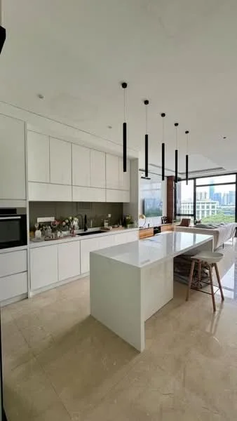 Kitchen features: white cabinetry, marble countertop, stainless-steel built-in oven, stainless-steel microwave, 4-burner gas hob, single-bowl stainless-steel sink, chrome pull-down faucet, pendant lighting, open shelving, tile backsplash, large windows with city view, bar stools, cream marble flooring; style: modern; view: city.