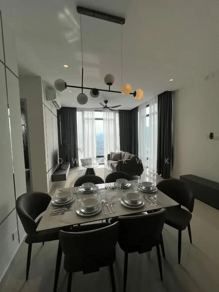 Dining features: 6-seater dining table with marble top, black upholstered dining chairs, pendant light fixture with multiple bulbs, floor-to-ceiling windows, sheer curtains, dark grey accent wall, light-colored flooring, decorative wall paneling; style: modern; view: city. Living features: sofa in grey fabric, coffee table, TV console, area rug, floor-to-ceiling windows, sheer curtains, dark grey curtains; style: modern; view: city.