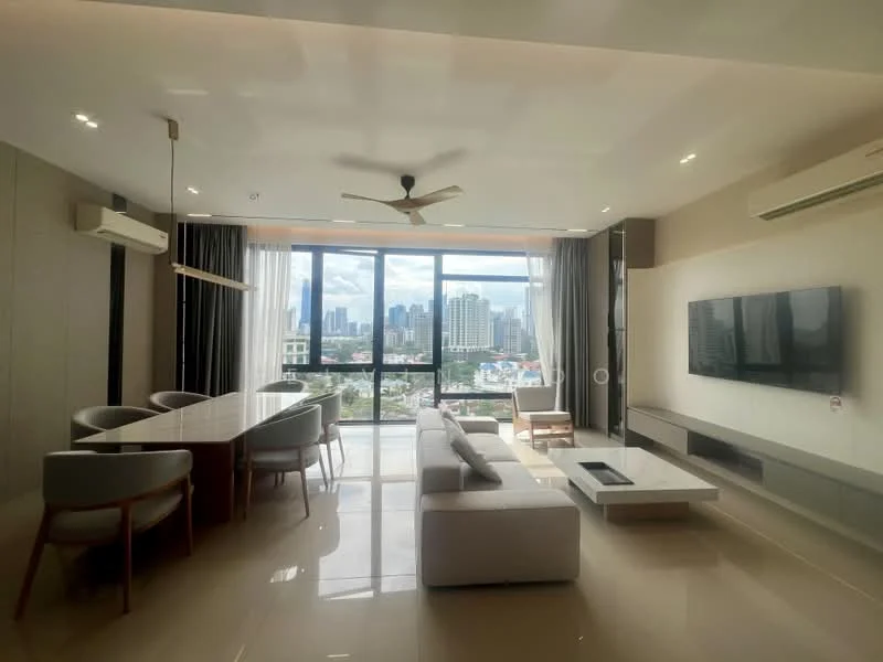 Living features: floor-to-ceiling windows, city skyline view, 3-seater fabric sofa in light grey, 2-seater fabric sofa in light grey, coffee table, wall-mounted TV, TV console, dining table for 6, ceiling fan with light, recessed downlights, light-coloured walls, polished tile flooring, curtains, decorative wall paneling; style: modern; view: city.