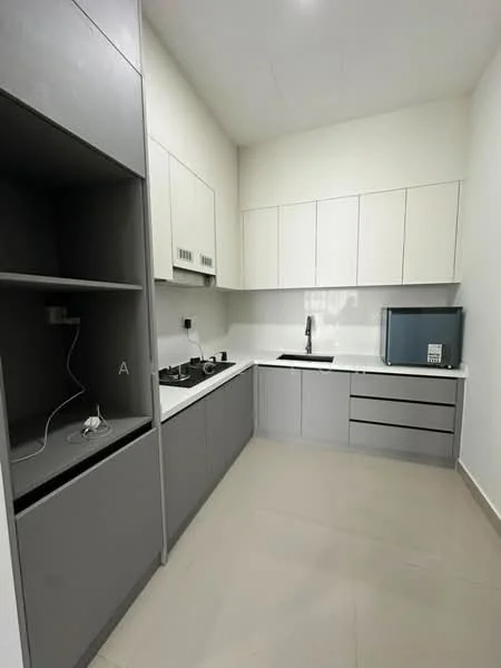 Kitchen features: white painted walls, grey cabinetry, white countertop, built-in gas hob, stainless-steel sink, chrome pull-down faucet, microwave, refrigerator, open shelving, tile flooring; style: modern.