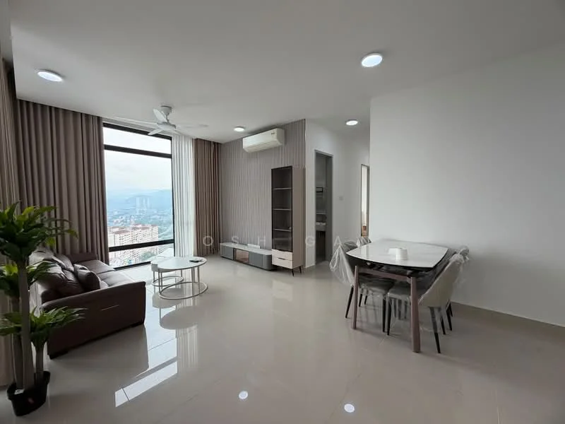 Living features: 3-seater brown leather sofa, coffee table with metal frame, floor-to-ceiling windows, city view, ceiling fan, recessed LED downlights, marble tile flooring, decorative indoor plant, wall-mounted air conditioning unit, curtains, TV console, dining table with 4 chairs; style: modern; view: city.