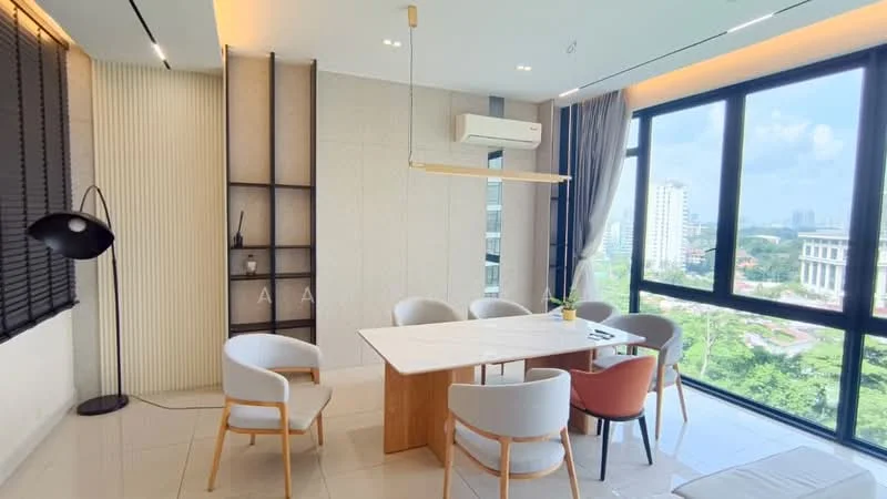 Dining features: rectangular dining table in light wood, 6 upholstered dining chairs in grey and orange, floor-to-ceiling windows, city view, white walls, recessed downlights, air conditioning unit on wall, decorative shelving unit, curtains in light fabric, light fixture above table; style: modern; view: city.