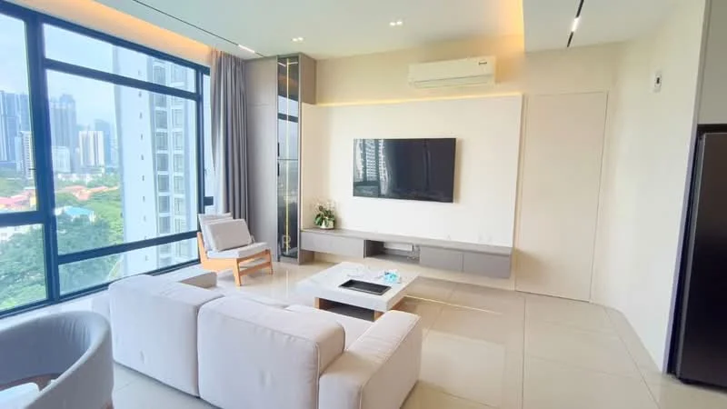 Living features: floor-to-ceiling windows, grey curtains, light-colored walls, recessed downlights, wall-mounted TV, light-colored sofa, wooden coffee table, built-in cabinetry, air conditioning unit, neutral-colored flooring, decorative plant; style: modern; view: city.