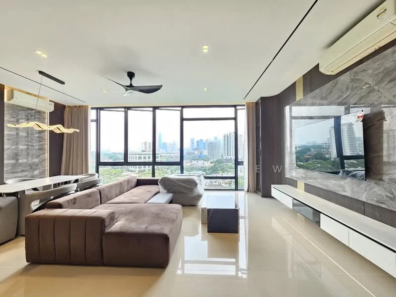 Living features: L-shape sectional sofa in brown, coffee table, wall-mounted TV, entertainment unit, floor-to-ceiling windows, city skyline view, recessed downlights, ceiling fan, decorative pendant light, polished tile flooring, grey accent wall, light curtains; style: modern; view: city.