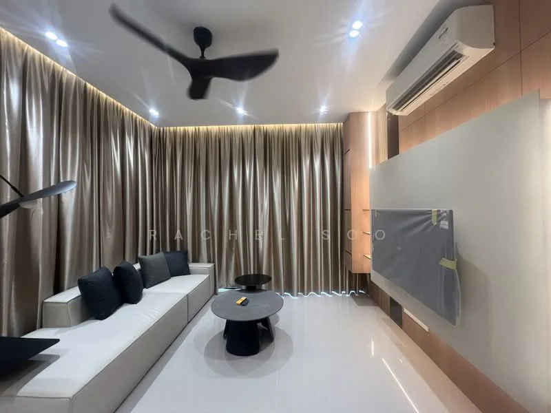 Living features: 3-seater fabric sofa in white, black accent cushions, round coffee table, wall-mounted TV, recessed LED downlights, 5-blade ceiling fan, cream curtains, wood paneling on walls, air conditioning unit; style: modern.