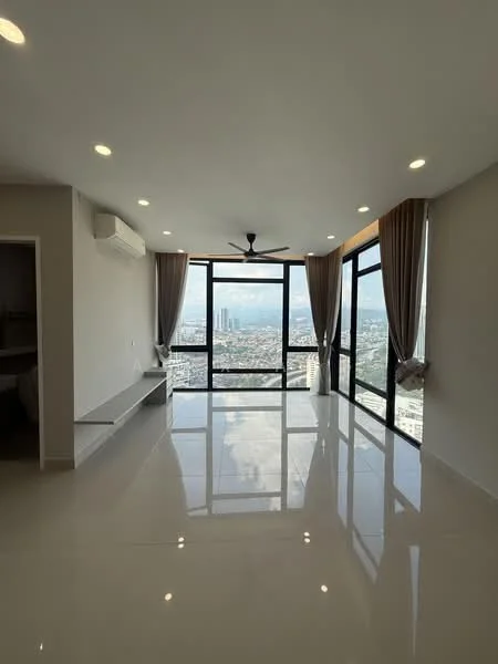Living features: floor-to-ceiling windows, sliding glass door, 5-blade ceiling fan with light, recessed LED downlights, cream painted walls, white tiled flooring, curtains, city view; style: modern; view: city.
