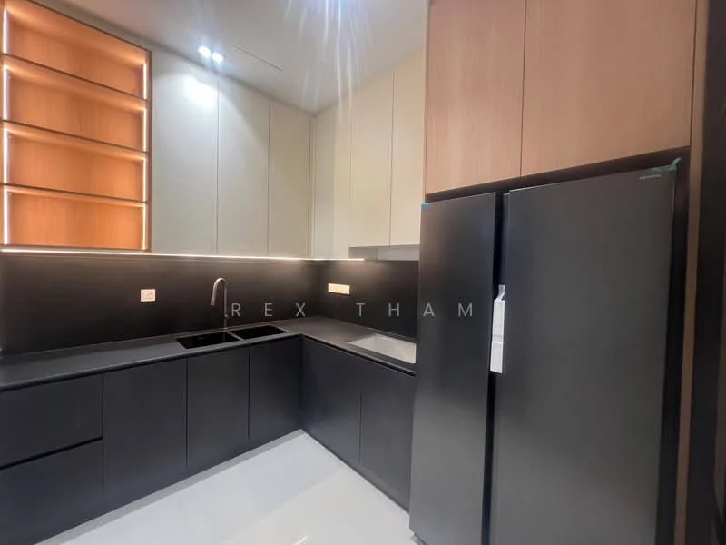 Kitchen features: black cabinetry, wooden upper cabinets, black countertop, single-bowl stainless-steel sink, chrome pull-down faucet, built-in refrigerator, recessed lighting, white walls, white tile flooring, open shelving, modern design; style: modern.