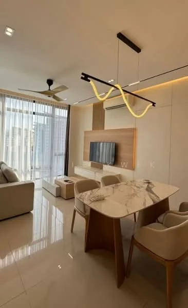 Living features: marble dining table, 4 upholstered dining chairs, 3-seater fabric sofa in beige, TV console, wall-mounted TV, floor-to-ceiling windows, sheer curtains, recessed LED downlights, ceiling fan with light, wood accent wall, polished tile flooring, decorative wall paneling; style: modern; view: city.