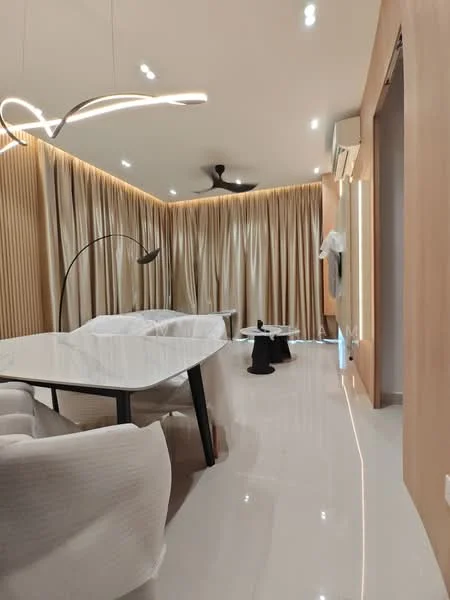 Living features: white walls, cream curtains, recessed LED downlights, 5-blade ceiling fan, modern light fixture, polished tile flooring, sofa with white upholstery, glass coffee table, black accent table, decorative floor lamp; style: modern.