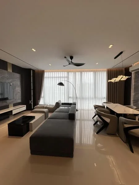 Living features: 3-seater fabric sofa in grey, floor-to-ceiling windows, sheer curtains, recessed LED downlights, 5-blade ceiling fan, wall-mounted TV, TV console, coffee table, area rug, dining table with upholstered chairs, decorative pendant lighting; style: modern; view: city.