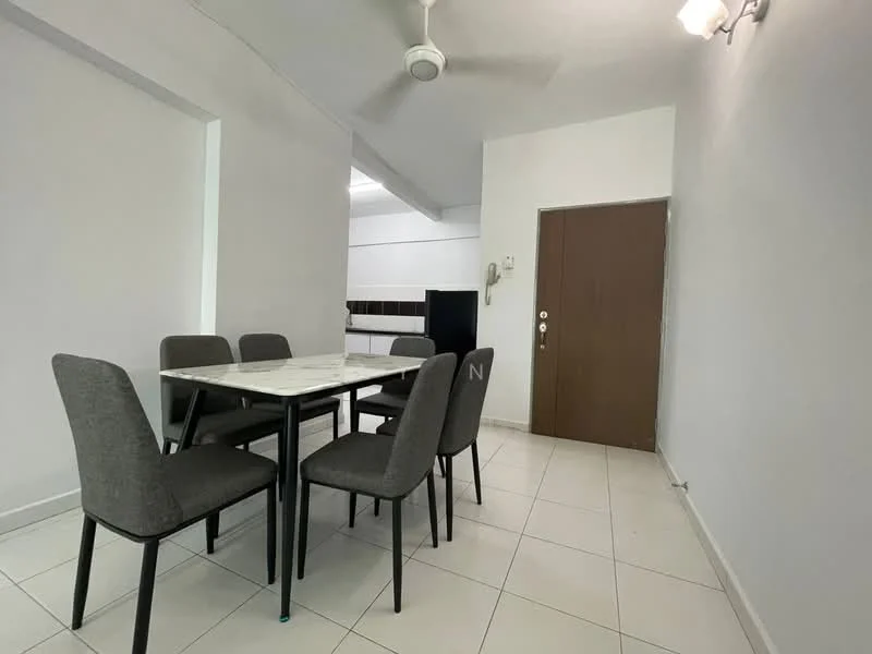 Dining features: 6-seater dining table, grey upholstered dining chairs, white marble tabletop, tile flooring, white painted walls, ceiling fan, wall-mounted light fixture, door to hallway; style: modern. Room features: white painted walls, tile flooring, ceiling fan.