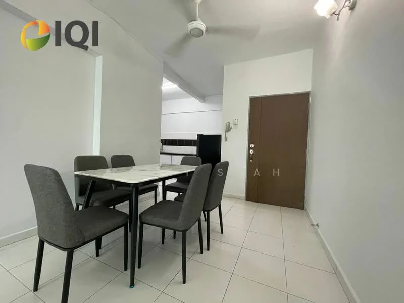 Dining features: 6-seater dining table, grey upholstered dining chairs, ceiling fan, white painted walls, tile flooring, door leading to hallway, light fixture on wall; style: modern.