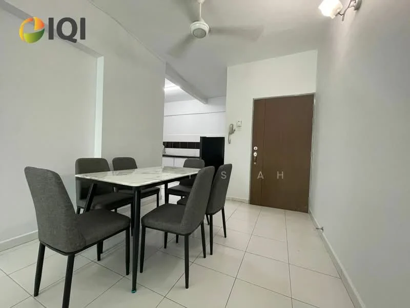 Dining features: 6-seater dining table with marble top, upholstered dining chairs in grey, white painted walls, tile flooring, ceiling fan, wall-mounted light fixture; style: modern. Room features: white painted walls, tile flooring.