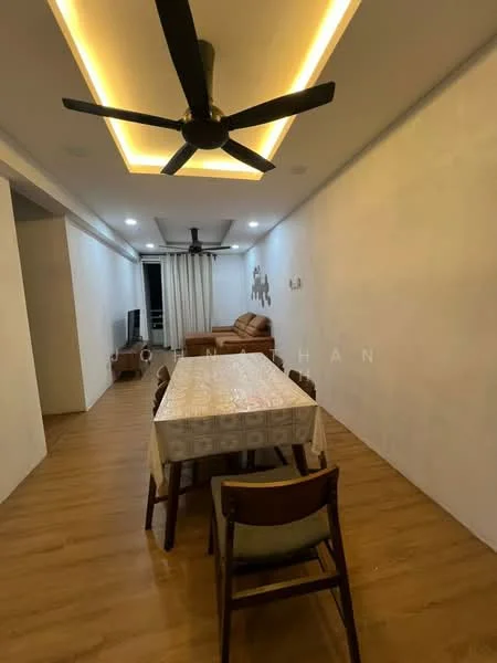 Dining features: dining table with tablecloth, 8 wooden dining chairs, wooden flooring, white painted walls, recessed ceiling lights, 5-blade ceiling fan, sofa in brown leather, TV console, curtains, wall-mounted TV; style: modern.
