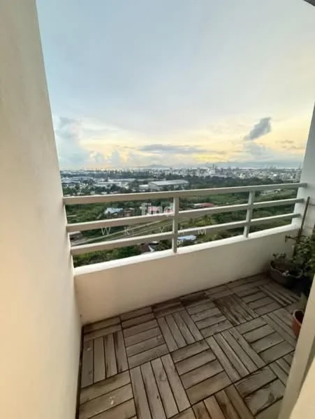 Room features: wooden decking, railing, city view, potted plants; view: city.