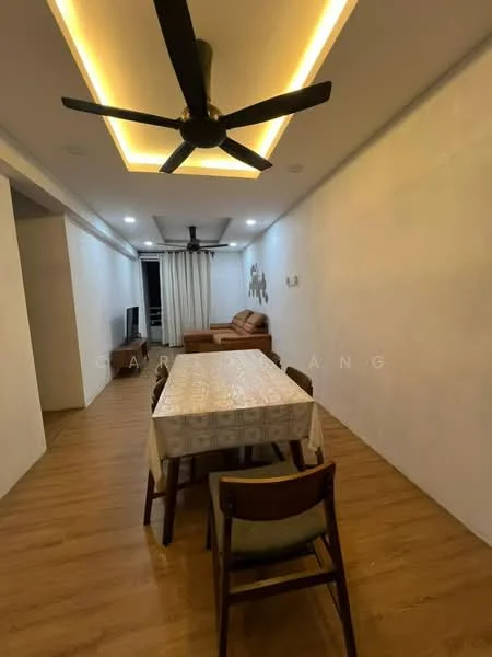 Dining features: dining table with tablecloth, wooden dining chairs, 5-blade ceiling fan with integrated LED light, recessed ceiling lights, laminate flooring, white painted walls, sofa in background, curtains on window, TV console in background; style: modern.
