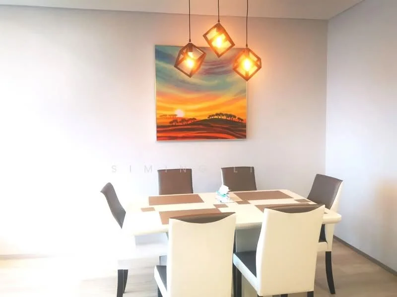Dining features: 6-seater dining table, white dining chairs, brown upholstered dining chairs, pendant lighting with geometric design, abstract painting on wall, light wood flooring, neutral wall color, table placemats; style: modern.