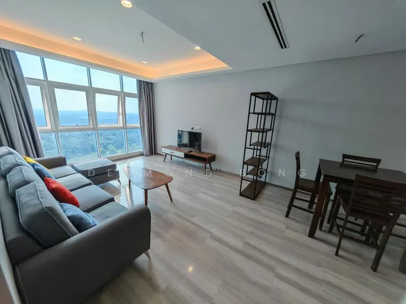 Living features: grey fabric sofa with colorful cushions, wooden coffee table, TV console, wall-mounted TV, dining table with chairs, large floor-to-ceiling windows, wooden flooring, recessed ceiling lights, decorative shelving unit; style: modern; view: mountain.