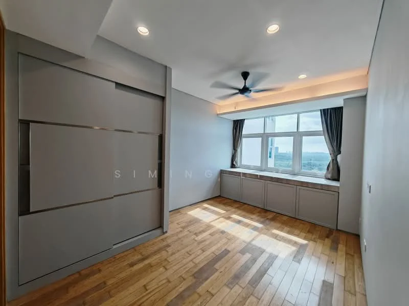 Bedroom features: wooden flooring, grey feature wall, built-in wardrobe with sliding doors, floor-to-ceiling windows, curtains, ceiling fan, recessed lighting, window seat with storage; style: modern; view: city.
